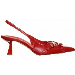 Red Pointed Mid Heel Buckle Sling Back Court