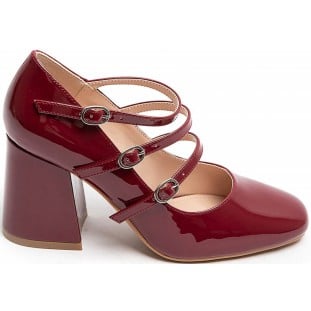 Wine Instep Straps Block Heel Court