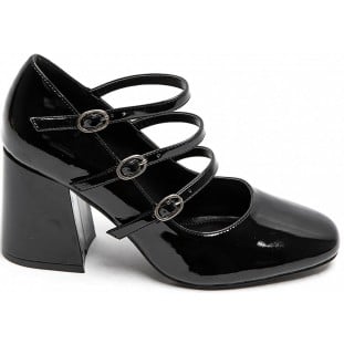 Black Instep Straps Block Heel Court