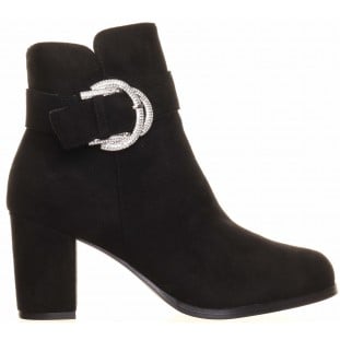 Black Buckle Trim Block Heel Ankle Boot