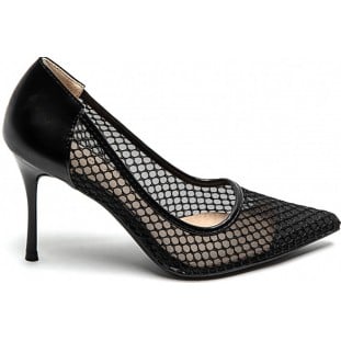 Black High Heel Mesh Toecap Pointed Court