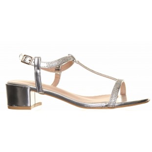 Sorento Silver T Strap Diamante Low Block Heel